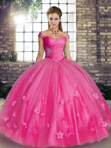 Romantic Floor Length Hot Pink Quince Ball Gowns Tulle Sleeveless Beading and Appliques