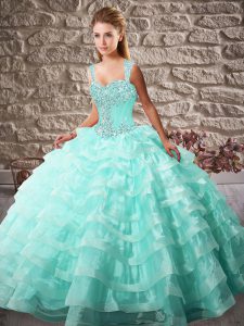 Stunning Aqua Blue Ball Gowns Beading and Ruffled Layers Sweet 16 Quinceanera Dress Lace Up Organza Sleeveless