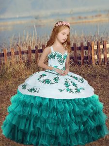 Amazing Sleeveless Organza Floor Length Lace Up Pageant Dress for Teens in Teal with Embroidery and Ruffled Layers