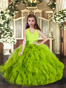 Green Kids Formal Wear Party and Wedding Party with Ruffles Halter Top Sleeveless Lace Up