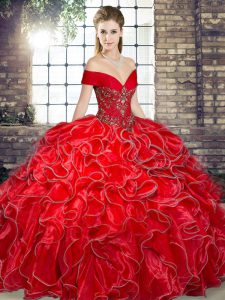 Affordable Red Organza Lace Up Quince Ball Gowns Sleeveless Floor Length Beading and Ruffles