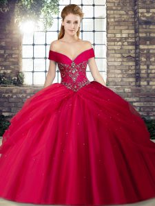 Sleeveless Beading and Pick Ups Lace Up Ball Gown Prom Dress with Red Brush Train