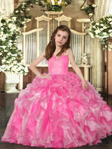 Dramatic Rose Pink Straps Lace Up Ruffles Little Girls Pageant Gowns Sleeveless