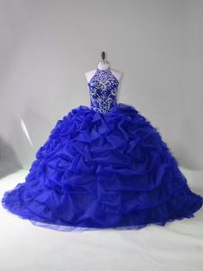 Royal Blue Lace Up Sweet 16 Dress Beading and Pick Ups Long Sleeves Court Train