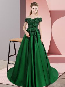 Vintage Dark Green A-line Off The Shoulder Sleeveless Satin Court Train Zipper Lace Quinceanera Gowns