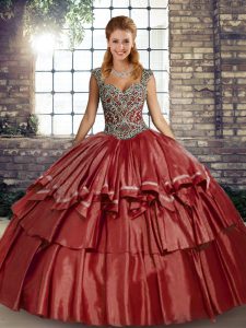 Sleeveless Floor Length Beading and Ruffled Layers Lace Up Quinceanera Dress with Rust Red