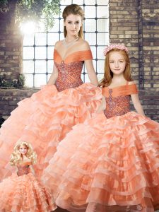 Peach Ball Gowns Beading and Ruffled Layers 15 Quinceanera Dress Lace Up Organza Sleeveless