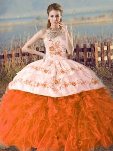 Court Train Ball Gowns Sweet 16 Dresses Orange and Rust Red Halter Top Organza Sleeveless Lace Up