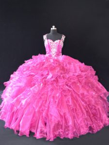 Fuchsia Quinceanera Gowns Sweet 16 and Quinceanera with Beading and Ruffles Straps Sleeveless Lace Up