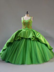 Court Train Ball Gowns Vestidos de Quinceanera Green Straps Satin and Tulle Sleeveless Lace Up