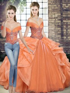 Floor Length Lace Up Quinceanera Dresses Orange for Military Ball and Sweet 16 and Quinceanera with Beading and Ruffles