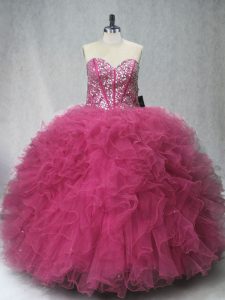 Comfortable Sweetheart Sleeveless Quinceanera Dresses Floor Length Beading and Ruffles Coral Red Tulle