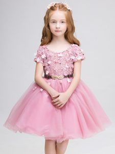 Cheap Pink Ball Gowns Scoop Short Sleeves Tulle Mini Length Lace Up Lace and Belt Toddler Flower Girl Dress
