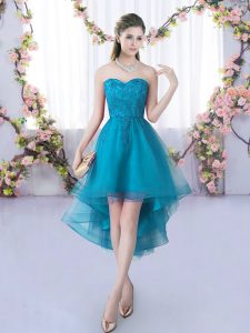 A-line Quinceanera Court Dresses Teal Sweetheart Tulle Sleeveless High Low Lace Up
