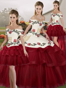 Classical Wine Red Ball Gowns Tulle Off The Shoulder Sleeveless Embroidery and Ruffled Layers Lace Up Vestidos de Quinceanera Brush Train