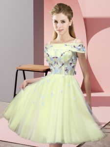 Fashionable Short Sleeves Tulle Knee Length Lace Up Vestidos de Damas in Yellow with Appliques