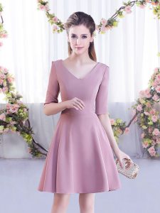 Custom Fit Mini Length Pink Quinceanera Court Dresses Chiffon Half Sleeves Ruching
