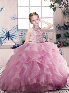 Most Popular Pink Sleeveless Floor Length Beading and Ruffles Zipper Girls Pageant Dresses