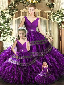 Clearance Purple Organza Backless Sweet 16 Dresses Sleeveless Floor Length Beading and Embroidery and Ruffles
