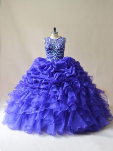 Delicate Organza Scoop Sleeveless Lace Up Beading and Ruffles and Pick Ups Quinceanera Dress in Purple