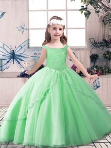 Apple Green Sleeveless Floor Length Beading Lace Up Kids Formal Wear