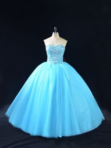 Stylish Baby Blue Ball Gowns Beading Quinceanera Gowns Lace Up Tulle Sleeveless Floor Length