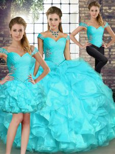 Great Aqua Blue Organza Lace Up Quince Ball Gowns Sleeveless Floor Length Beading and Ruffles