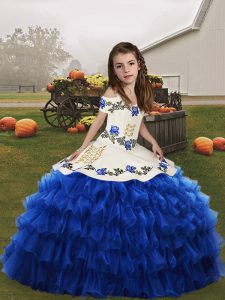 Perfect Straps Sleeveless Little Girl Pageant Dress Floor Length Embroidery and Ruffled Layers Blue Organza