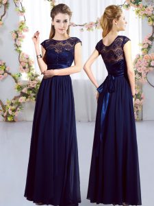 Custom Design Navy Blue Empire Lace and Belt Quinceanera Court Dresses Zipper Chiffon Cap Sleeves Floor Length