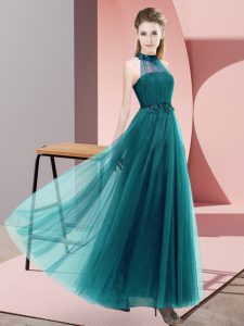 Traditional Teal Sleeveless Floor Length Beading and Appliques Lace Up Dama Dress