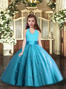 Tulle Halter Top Sleeveless Lace Up Beading Winning Pageant Gowns in Baby Blue