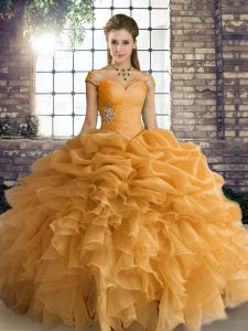 Unique Orange Off The Shoulder Neckline Beading and Ruffles and Pick Ups Sweet 16 Quinceanera Dress Sleeveless Lace Up