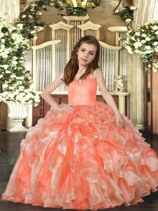 Peach Lace Up Straps Ruffles Little Girls Pageant Gowns Organza Sleeveless