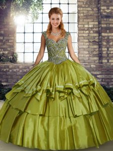 Gorgeous Straps Sleeveless Lace Up Quinceanera Dresses Olive Green Taffeta