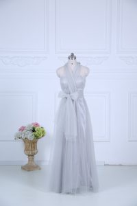 Comfortable Empire Dama Dress for Quinceanera Grey Halter Top Tulle Sleeveless Floor Length Zipper
