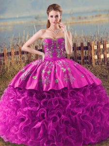 Fabric With Rolling Flowers Sleeveless Quinceanera Dress Brush Train and Embroidery and Ruffles
