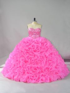 Beading and Ruffles Vestidos de Quinceanera Hot Pink Lace Up Sleeveless Floor Length