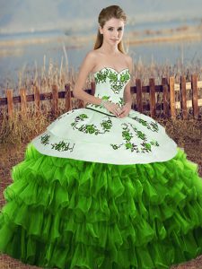 Affordable Organza Sweetheart Sleeveless Lace Up Embroidery and Ruffled Layers and Bowknot 15th Birthday Dress in Green