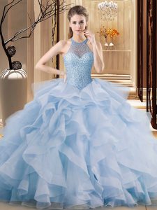 Nice Blue Ball Gowns Beading and Ruffles Sweet 16 Dresses Lace Up Organza Sleeveless