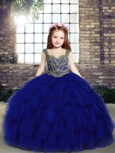 Girls Pageant Dresses Royal Blue Straps Tulle Sleeveless Lace Up