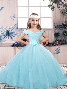 Stunning Sleeveless Tulle Floor Length Lace Up Little Girls Pageant Gowns in Aqua Blue with Lace and Belt