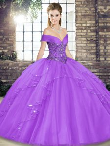 Affordable Lavender Ball Gowns Beading and Ruffles Sweet 16 Quinceanera Dress Lace Up Tulle Sleeveless Floor Length