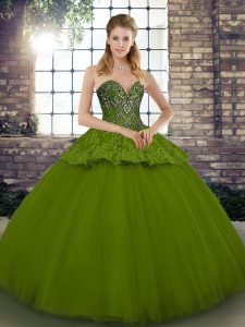 Olive Green Tulle Lace Up Sweetheart Sleeveless Floor Length 15 Quinceanera Dress Beading and Appliques