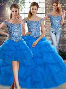 Sexy Blue Three Pieces Off The Shoulder Sleeveless Tulle Brush Train Lace Up Beading and Pick Ups Sweet 16 Dress