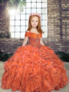 Sleeveless Organza Floor Length Lace Up Kids Formal Wear in Orange with Beading
