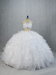 Stylish White Lace Up Scoop Beading and Ruffles Ball Gown Prom Dress Organza Sleeveless Brush Train
