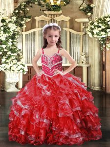 Floor Length Red Girls Pageant Dresses Straps Sleeveless Lace Up
