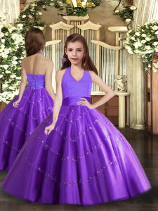 Floor Length Purple Glitz Pageant Dress Halter Top Sleeveless Lace Up
