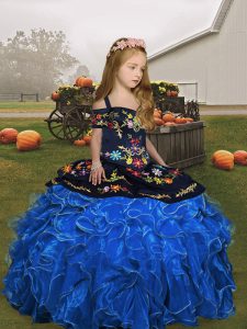 Blue Child Pageant Dress Party and Wedding Party with Embroidery and Ruffles Straps Sleeveless Lace Up