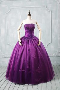 Nice Purple Organza Lace Up Strapless Sleeveless Floor Length Quinceanera Dress Beading
